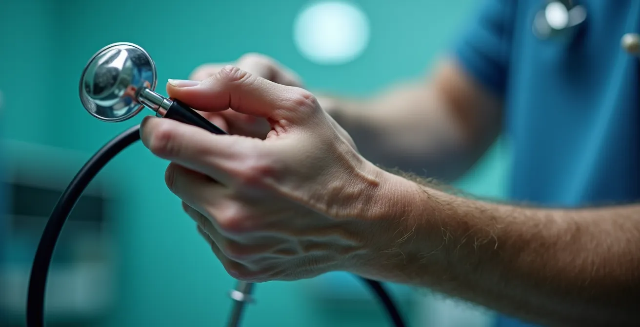 Détail d'une main âgée tenant délicatement un stéthoscope médical