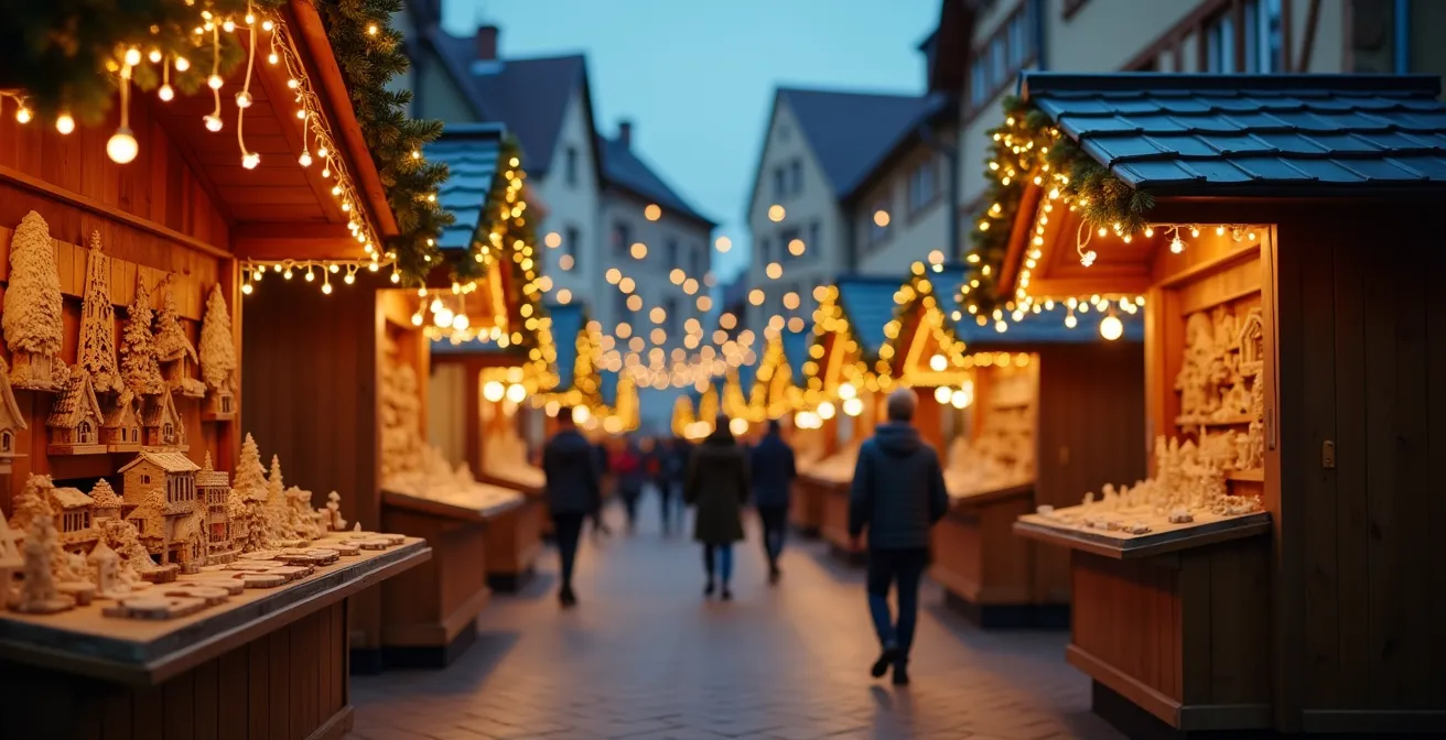 Ambiance chaleureuse d'un marché de Noël alsacien traditionnel