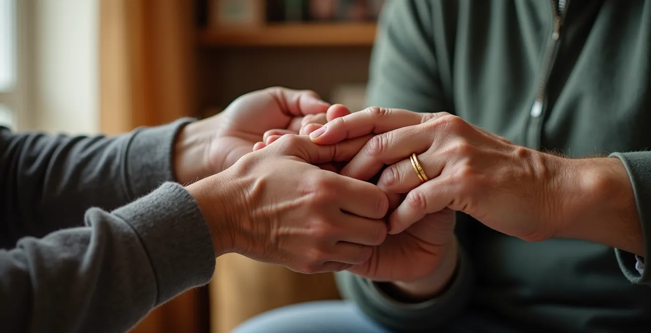 Mains de trois générations unies symbolisant la transmission familiale