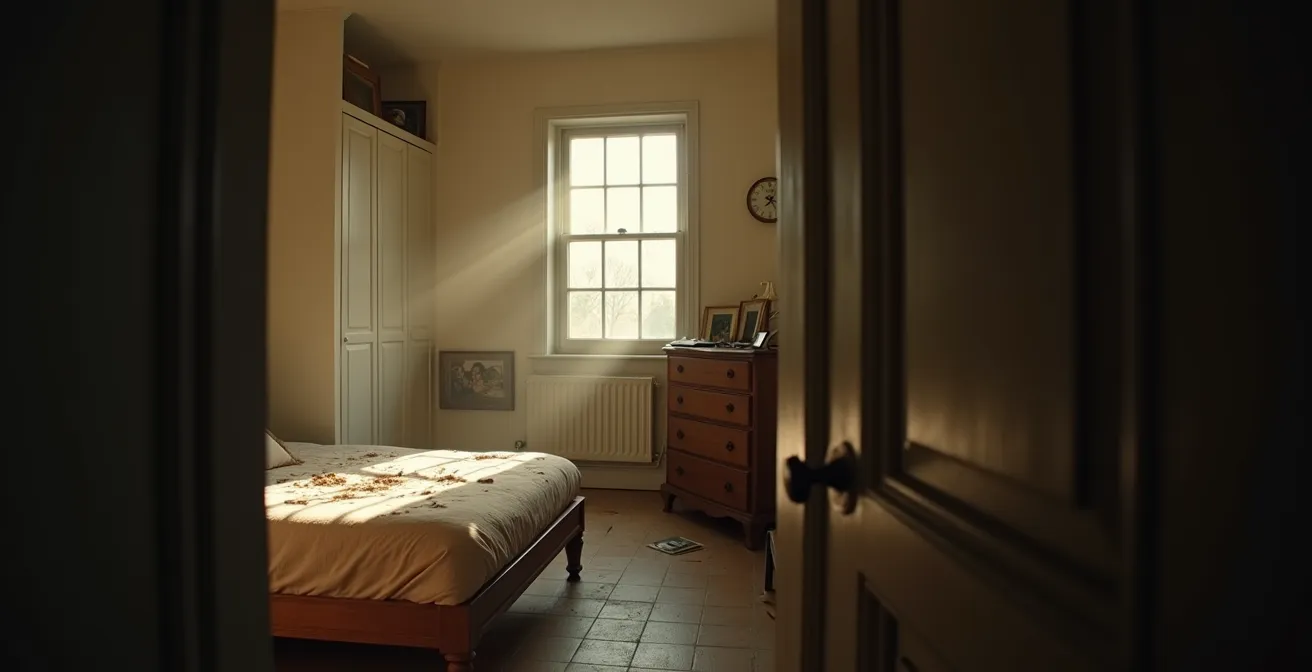 Vue d'une chambre d'étage désertée avec lit et souvenirs
