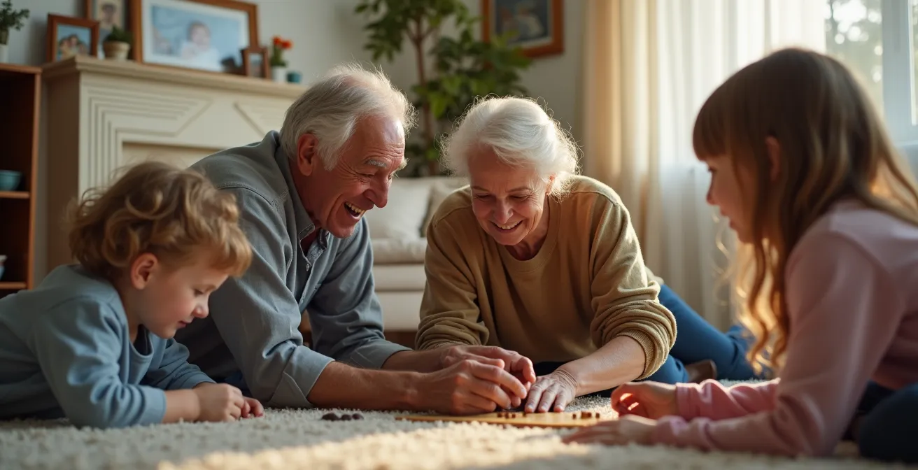 Grands-parents jouant avec petits-enfants dans salon lumineux