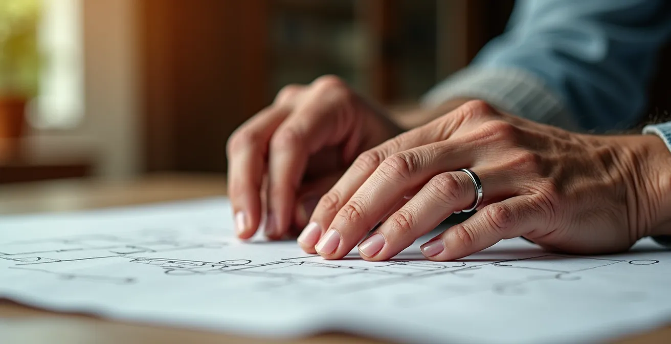 Mains entrelacées d'un couple senior examinant des plans