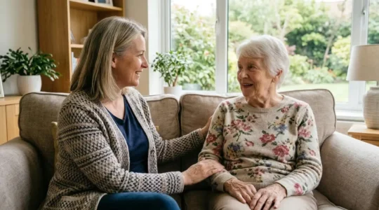 Femme accompagnant sa mère âgée dans un salon lumineux d'EHPAD pour choisir un établissement adapté