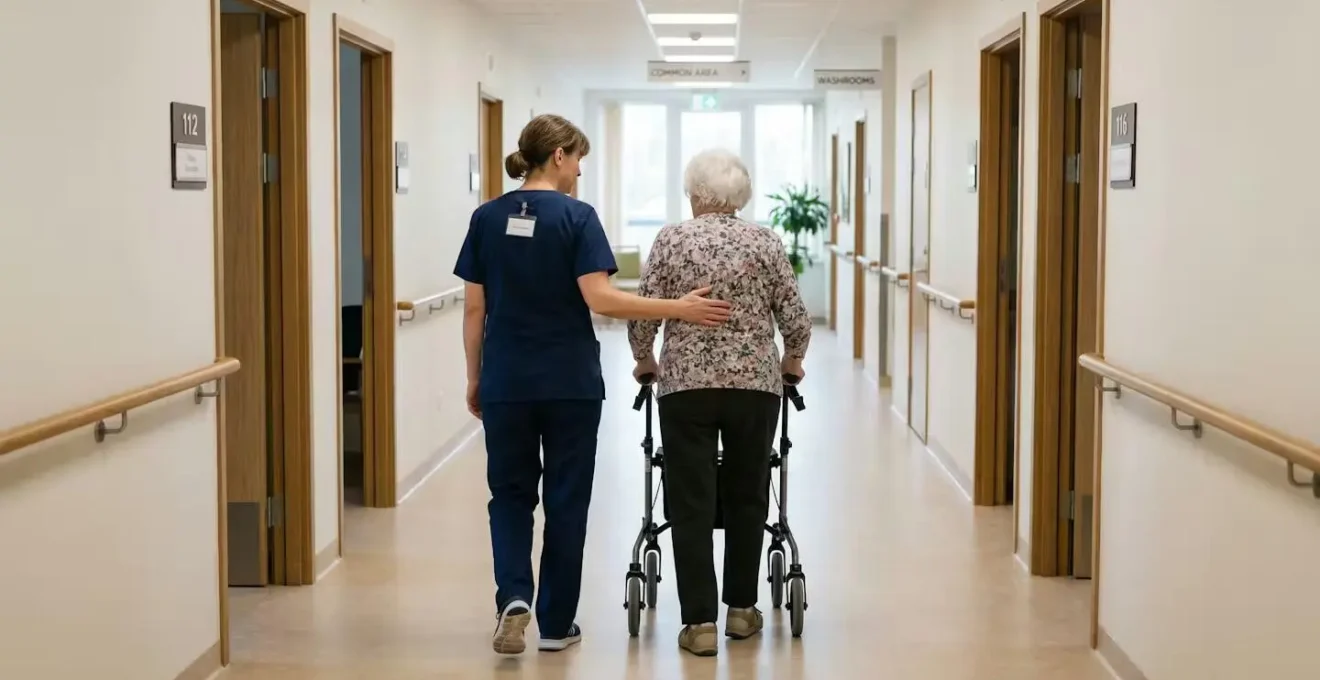 Soignante accompagnant un résident âgé dans un couloir lumineux d'EHPAD médicalisé
