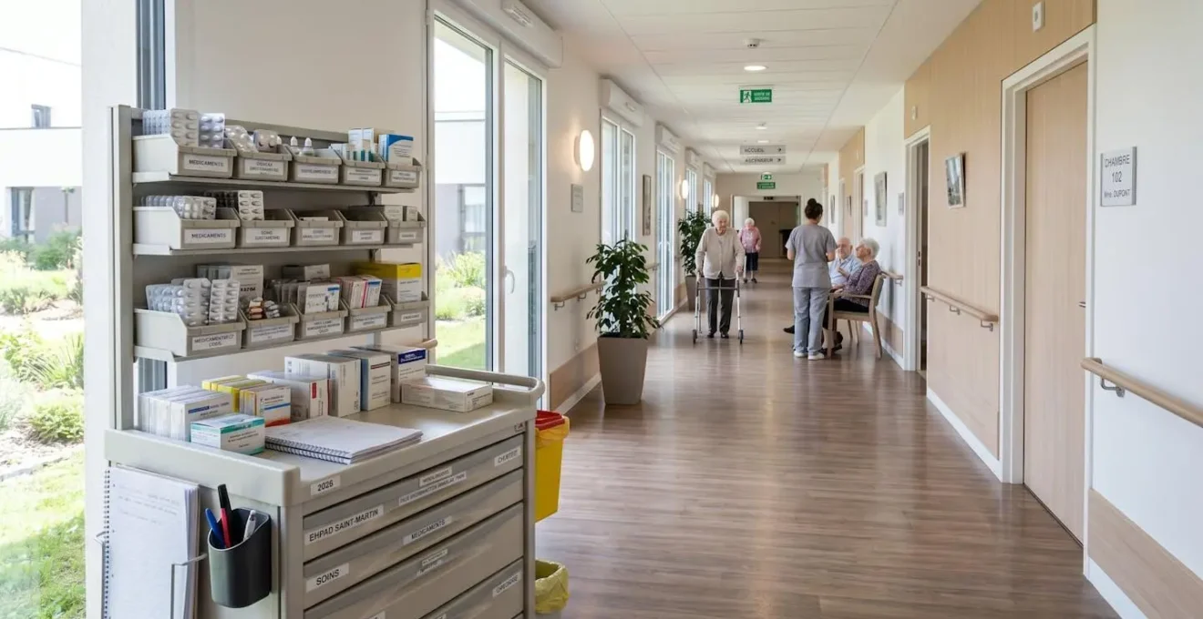 Couloir d'EHPAD moderne avec chariot de soins au premier plan montrant des boîtes de médicaments organisées et du matériel médical