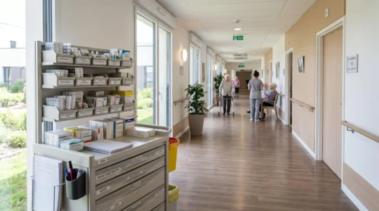 Couloir d'EHPAD moderne avec chariot de soins au premier plan montrant des boîtes de médicaments organisées et du matériel médical