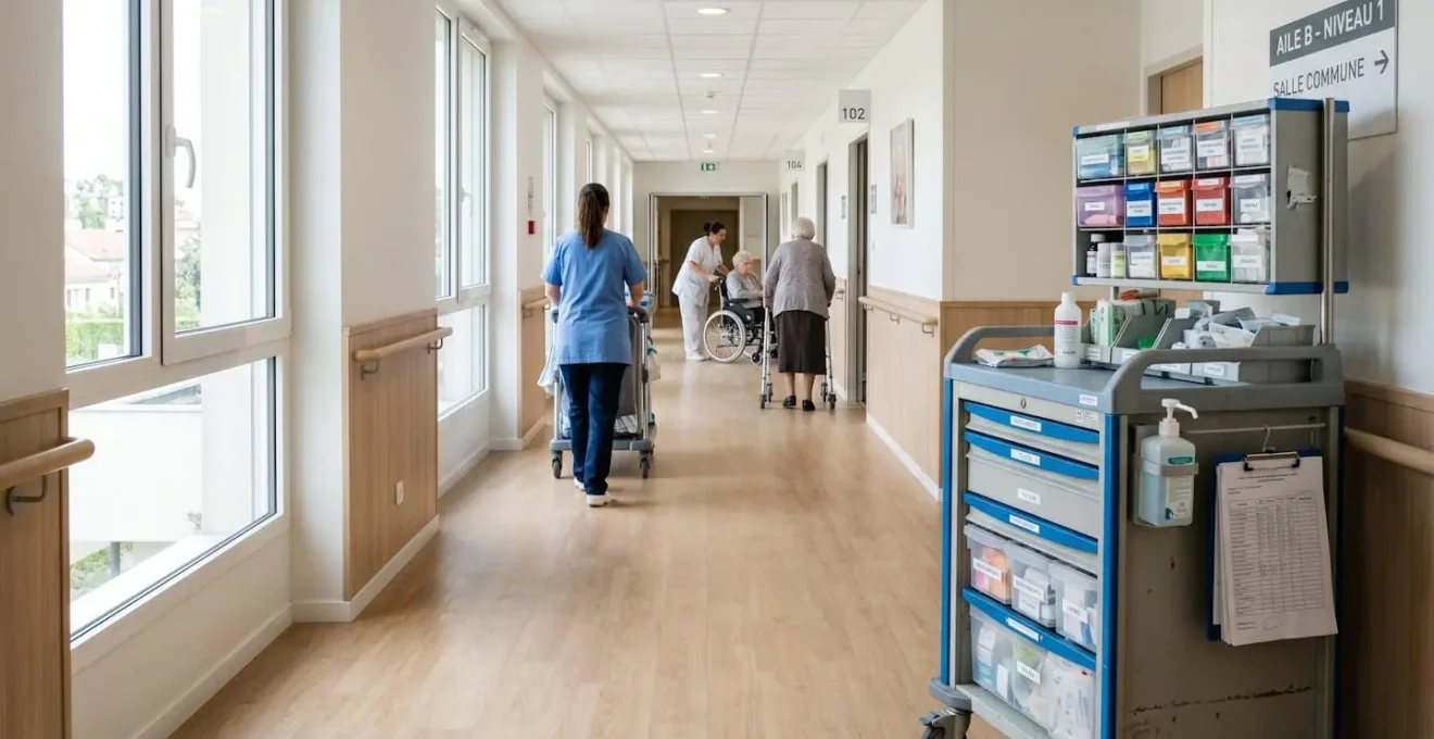 Couloir d'EHPAD moderne avec chariot de soins au premier plan montrant des boîtes de médicaments organisées et du matériel médical