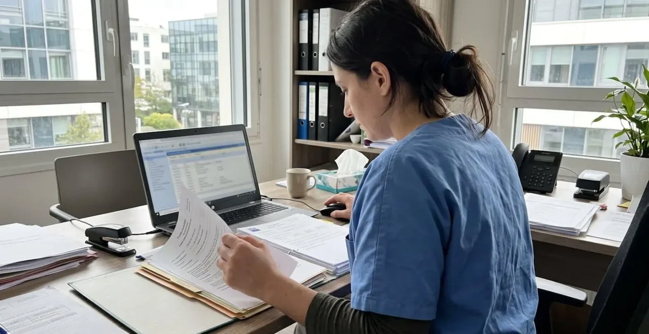 Professionnel de santé de dos consultant des dossiers médicaux dans un bureau d'EHPAD moderne éclairé par la lumière naturelle
