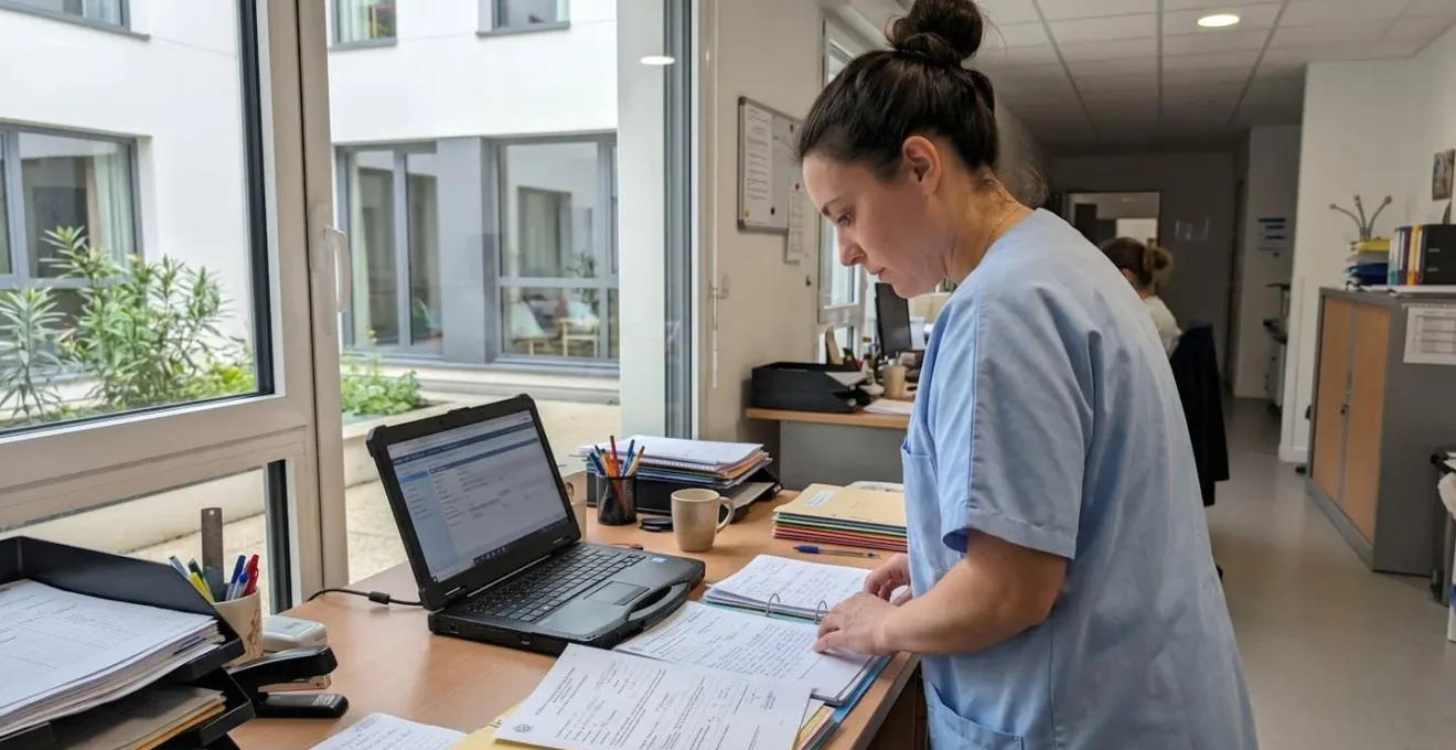 Professionnel de santé de dos consultant des dossiers médicaux dans un bureau d'EHPAD moderne éclairé par la lumière naturelle