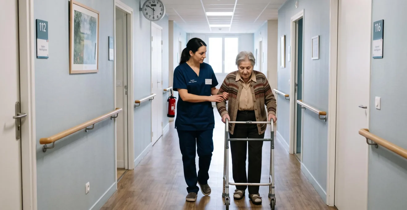 Aide-soignante accompagnant une résidente âgée lors de sa déambulation dans le couloir d'un EHPAD