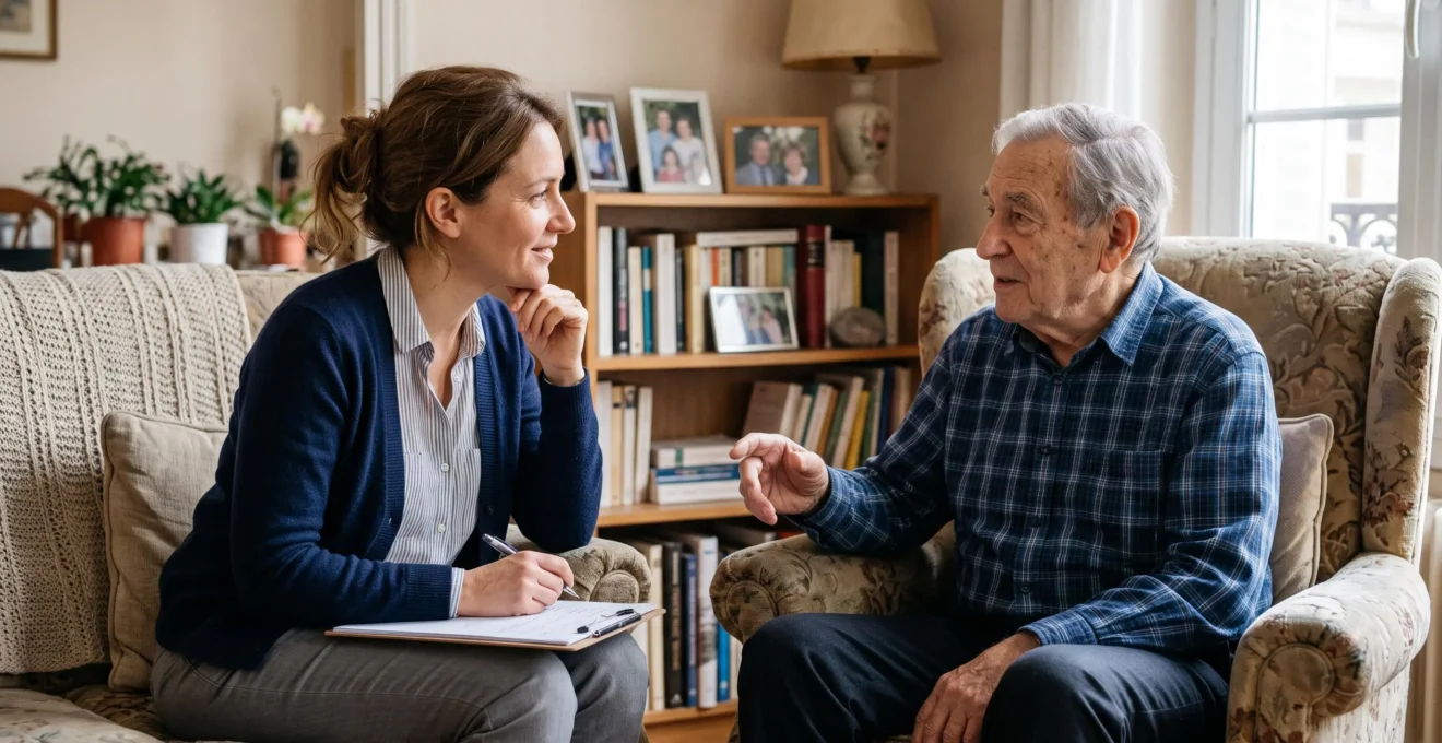 Évaluatrice médico-sociale en conversation avec un homme senior lors d'une visite à domicile