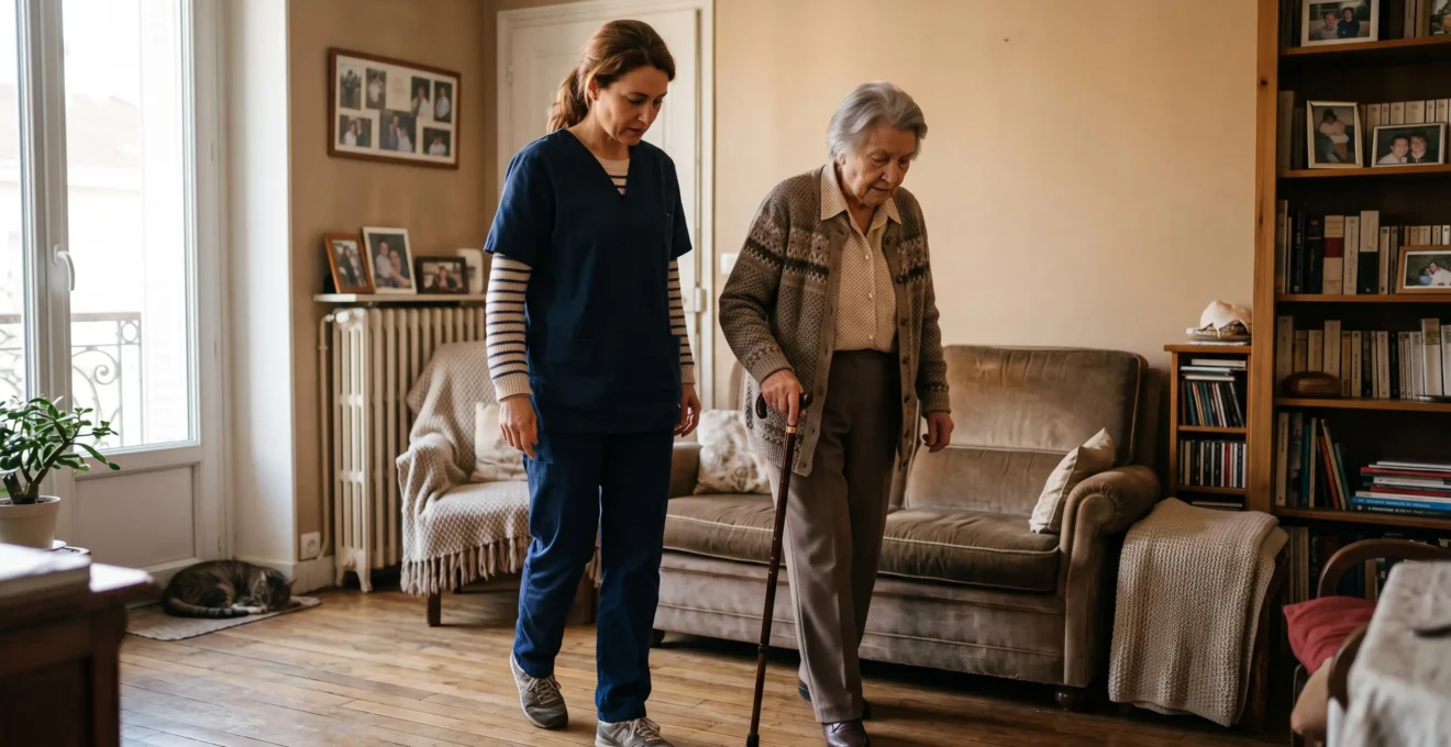 Professionnelle de santé accompagnant une femme senior lors de ses déplacements à domicile pour évaluer son autonomie