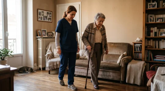 Professionnelle de santé accompagnant une femme senior lors de ses déplacements à domicile pour évaluer son autonomie