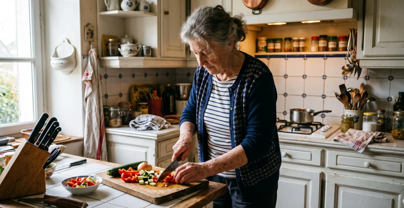 Femme senior préparant un repas dans sa cuisine en coupant des légumes